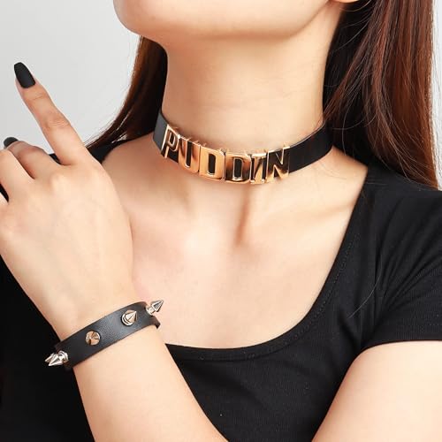 HUASAI Puddin Choker Necklace Bracelet Set Halloween Gothic Jewelry Punk Leather Collar Necklace Spike Bracelet Halloween Costumes Cosplay Accessories2