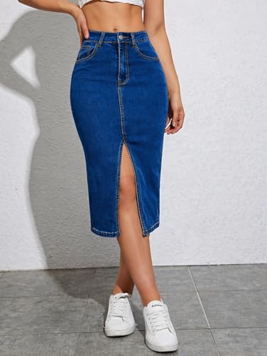 Image of Tagas Women High Waist Denim Midi Skirt with Front Slit | Stretchable Bodycon Pencil Skirt | Casual & Stylish Knee Length Skirt
