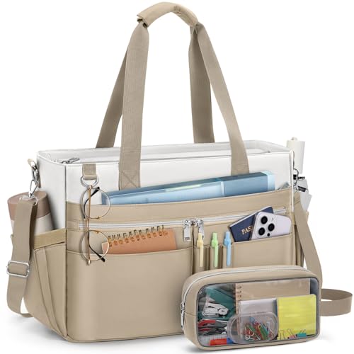 RAINSMORE Teacher Tote Bag for Women 15.6 Inch Laptop Briefcase with Clutch Bag, Nurse Bags Professional Work Handbag for Office College Nursing, Utility Tote Messenger Shoulder Bag, White And khaki