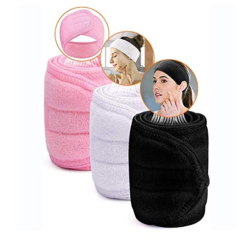Voarge Juego de 3 diademas de maquillaje, ajustables, toalla elástica de rizo con cinta mágica para lavar la cara (blanco, negro y rosa) - imagen 3