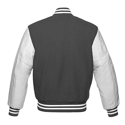 Varsity Baseball Letterman Bomber School Dark Grey Wool & Genuine White Leather Sleeves Jacket2