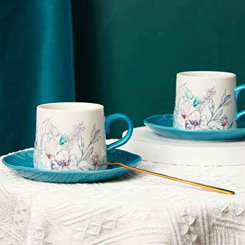 Coffee Cup And Saucer Set, 6.8Oz/200Ml Coffee Mugs, Handmade Blue Glazed Embossed Tea Cup With Blue And White Color Matching, Porcelain Tea Cup For Office And Home, Dishwasher And Microwave Safe #TOP5