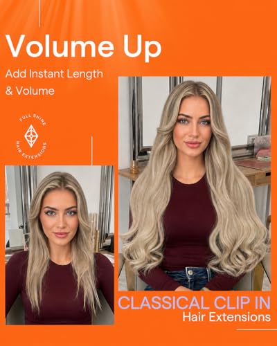Image of Full Shine Clip in Extensions, Teddy Bear Blonde Human Hair | Invisible Hair Extensions Clip Ins, Remy Hair, Natural Look for Daily Wear, 18 Inch 120g 7 Pcs
