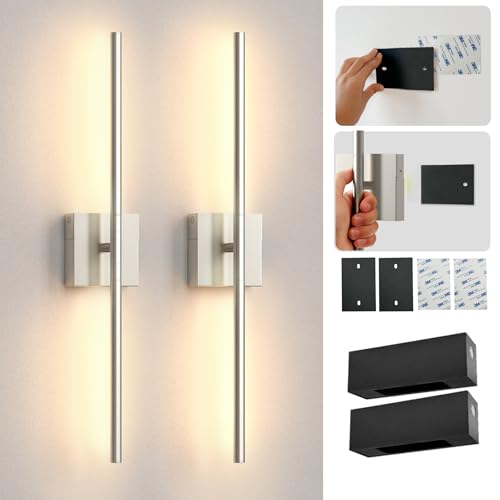 Image of L LOHAS LED 27.7in Peel and Stick on Battery Operated Wall Sconces Set of 2, Magnetic Linear Wall Sconce Easy Install witg Removable Battery, No Drill, Sconces Wall Decor Set of for Livingroom, Nickel