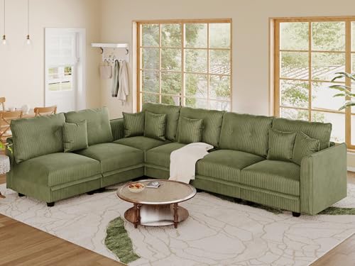 Image of LLappuil Corduroy Modular Sofa Set, 6-Seater Reversible L-Shaped Sectional Couch with Storage, Soft Fabric for Cozy Living Room, Apartment, Included Back Cushions & Throw Pillows, Green