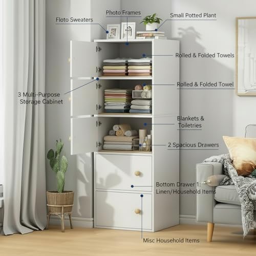 Image of EXVITO 2 Door Premium Wooden Multi-Door Wardrobe Cabinet with Shelves | Space Saving Clothes Organizer Almirah for Kitchen,Home Office | Sun Protection with Anti-Slip Handle - Maple (White, 5 Door)
