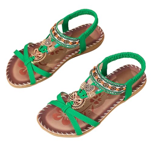 Minetom Sandalen Damen Sommer Flache Sandaletten Boho Bequeme Peep Toe Freizeit Strand Schuhe mit Strass Perlen A Grün 2 37 EU