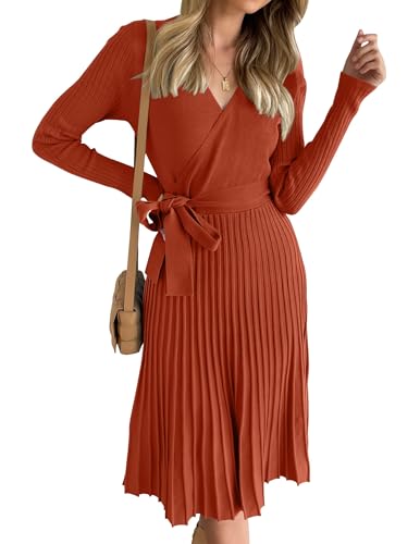 ZESICA Women's Fall Long Sleeve Wrap V Neck Ribbed Knit Pleated A Line Pullover Sweater Dress with Belt,Rust,Medium