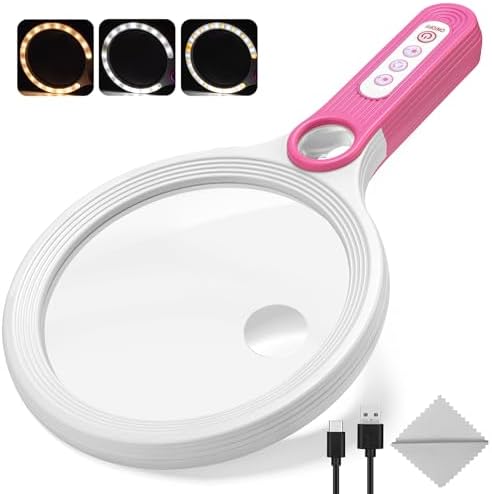 KIMDDO Large Magnifying Glass with Light, 10X 20X 45X Handheld Illuminated Lighted Magnifier with 34 LED Lights & 3 Color Modes, Rechargeable Magnifying Glass for Seniors Reading Coins Map Inspection