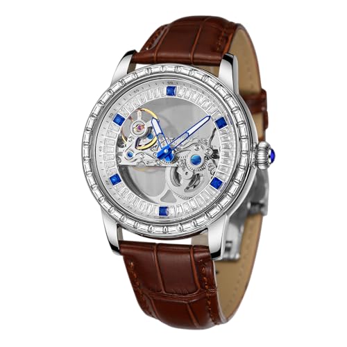 Montre automatique pour homme squelette en cuir véritable noir pour look tendance et chic