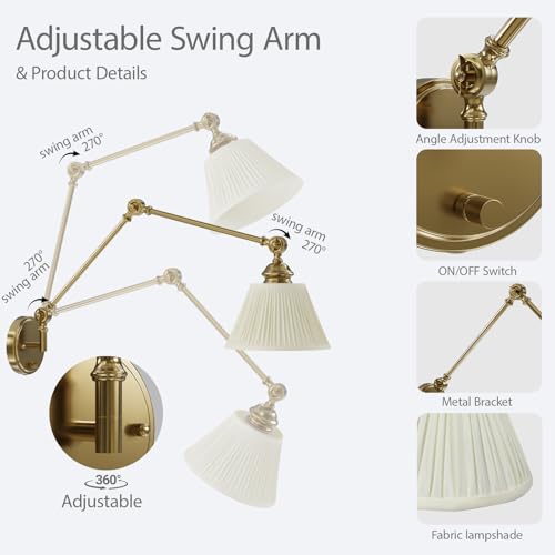 Image of Gold Plug in Wall Sconce, Swing Arm Wall Light with 6.6FT Plug in Cord, Two Adjustable Arms, Fabric Shade, E26 Base, Hardwired Wall Lamp for Bedroom, Reading, Living Room, Hallway (1 Pack)
