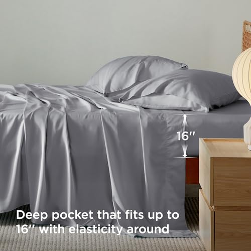 Image of Bedsure Cooling Sheets Twin, Rayon Derived from Bamboo, PureWoven, Breathable & Soft, Deep Pocket Up to 16 Inches, Hotel Luxury Silky Bedding for Hot Sleepers, Silver Grey
