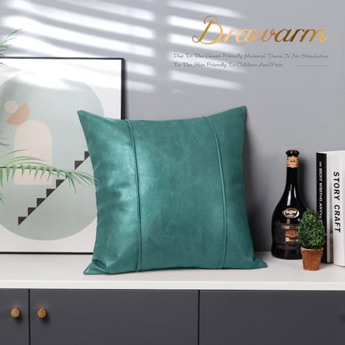 Image of BRAWARM Teal Leather Throw Pillow Covers 16 X 16 Inches - Faux Leather Pillow Cover with Piping, Hand Stitched Leather Throw Pillow for Couch Sofa Bed Living Room Home Decorative