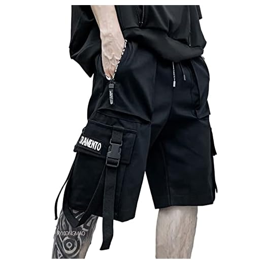 XYXIONGMAO Techwear Shorts Mens Cargo Hip Hop Streetwear Gothic Japanese Streetwear Men Sweat Shorts with Elastic Waist Tech Wear Tactical Goth Pants(Black,M)