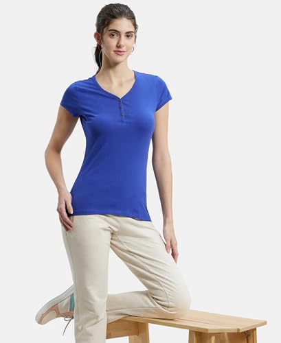 Image of Jockey UL03 Women's Super Combed Cotton Elastane Stretch Slim Fit Solid V Neck Henley Styled Half Sleeve T-Shirt