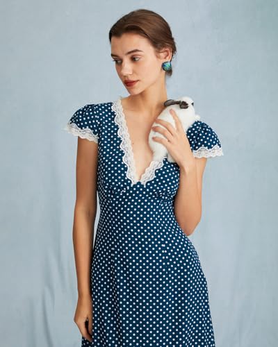 Women Summer Dresses Deep V Neck Polka Dot Prined Splice Lace Dress Elegant Cotton for Party4