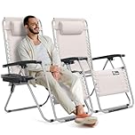 SUNMER XXL Sun Lounger Garden Chairs - Extra Wide Set of 2 Zero Gravity Chairs with Cup & Phone Holder, Adjustable Headrest & Pillow - Folding Deck Recliner Outdoor Seating - Grey