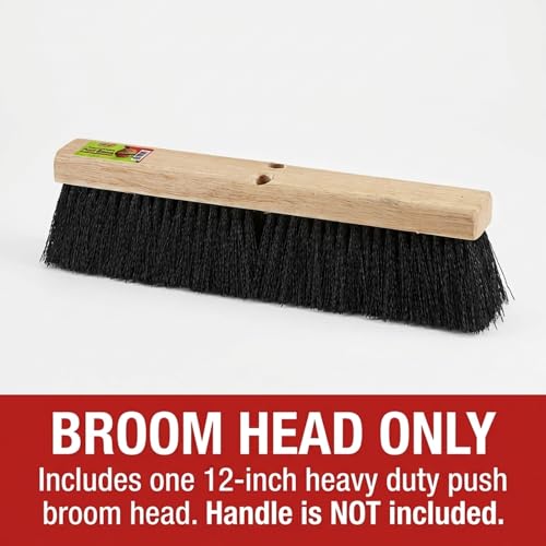 Image of Black Indoor Push Broom Head - Heavy Duty Hardwood Block - Polypropylene Bristles - Deck Scrub Brush - Two Threaded Handle Holes for Better Assist (12 inch)