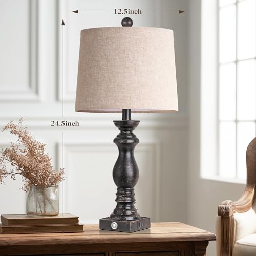 Image of 24.5 inch Table Lamp Set of 2, Rustic Farmhouse Bedside Lamps with USB A+C Charging Ports, 3-Way Dimmable Touch Control Nightstand Lamps for Living Room Bedroom, Antique Black, LED Bulbs Included