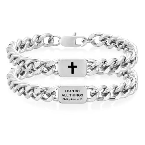 HEYOLL Cross Bracelet For Men Stainless Steel Silver Cuban Link Bracelets For Men Christian Stuff Bible Verse Bracelets Accessories Confirmation First Communion Gifts Jewelry