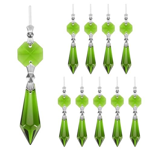 M METERXITY 20-Pack Crystals Prisms Glass Tip Beads, 75mm Replacement Chandelier Teardrop Icicle Drops Hanging Pendants for Lamp/Garden/DIY Decor, Octagonal Crystal Suncatcher [Grass Green]