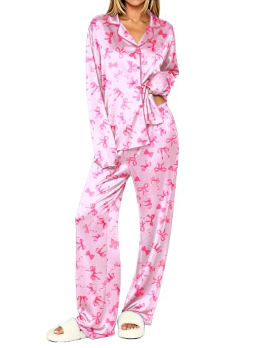Ekouaer Womens Pajamas Silk Satin Long Sleeve Button Down Pjs Lounge Set | Long Pants with Pockets,Notch Collar Sleepwear,Soft Comfy Loungewear for Daily,Bridal,Bridesmaid,Gift