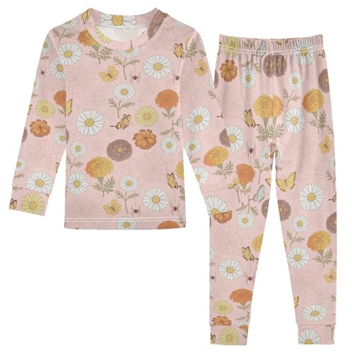 Pajama Sets Long Sleeve Floral Butterfly Web Background Soft Comfy Sleepwear 2 Piece PJS 3-8T