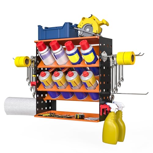 Wall Mount Spray Can Holder, Aerosol Spray Bottle Holder Storage Rack, Heavy-Duty Paint Bottle Organizer with 8 Can Holes & 4 Steel Hooks, 4 Plastic Hooks for Garage, Shop, Home or Tool Trailer