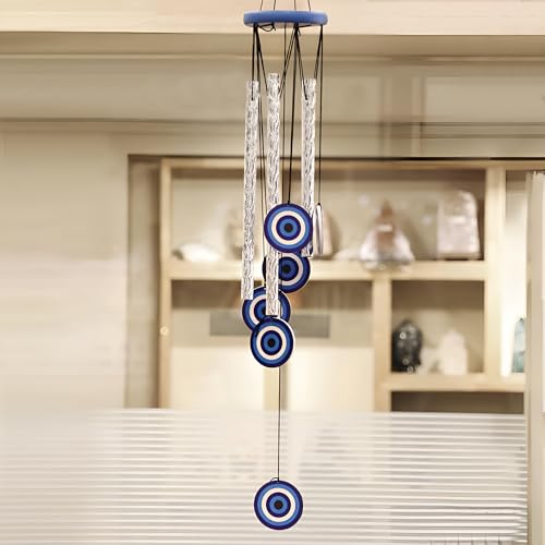Image of Evil Eye Wind Chimes for Balcony & Positive Energy - 5 Metal Pipes with Nylon Thread & 6 Wooden Evil Eyes with Melody Sound for Relaxation and Calmness