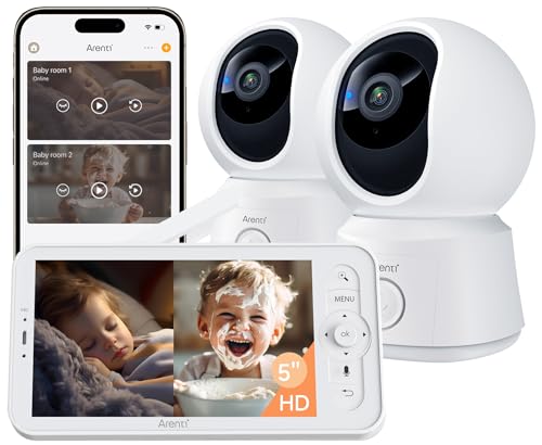 ARENTI Baby Monitor 2 Cameras, Smart Baby Camera with 5-Inch Wireless Display, Super Night Vision, Temperature Sensor, Sound Detection, Auto Motion Tracking, 2-Way Audio, VOX Mode(B2 Set)