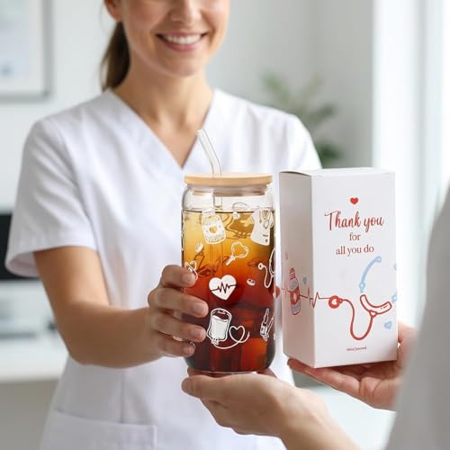 Celebloom Nurse Gifts for Women, Nurse Appreciation Glass Cup with Lid and Straw for Birthday Graduation Retirement Christmas National Nurses Week — view 5