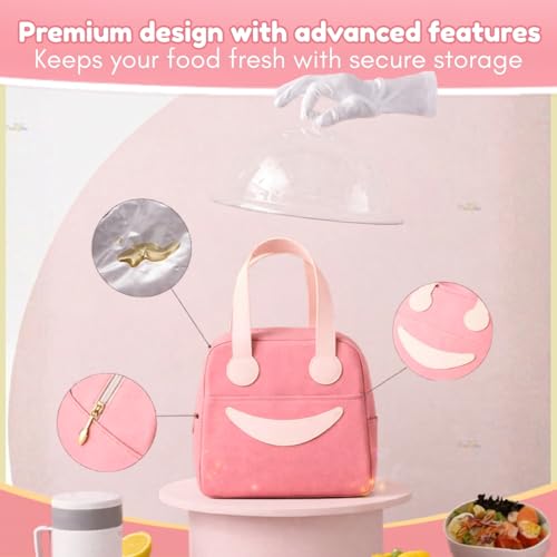 Image of Toy Imagine 6.5L Insulated Lunch Bag for Kids Office School Men Women Smiley Face Tiffin Bag Snack Tote Bag Compact Portable Leak Proof Tiffin Pouch Hot and Cold Lunch Box Bag for Boys and Girls(Pink)