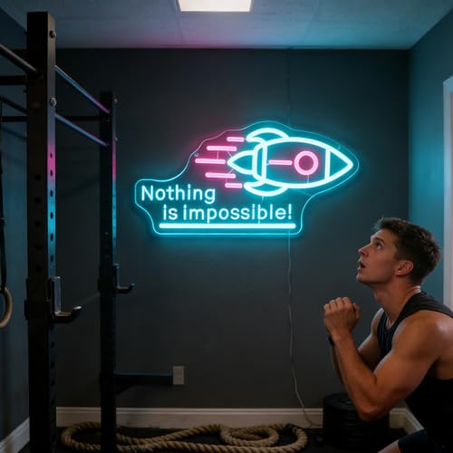 Image of inchNothing Is Impossible! inch Rocket Neon Light for Gaming Room Office - Motivational LED Wall Art, Dimmable USB Space-Themed Decor for Study Gym, Inspiring Gift for Gamers Teens Entrepreneurs