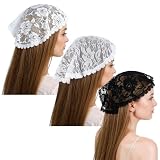 Josojoou 3Pcs Lace Embroidery Head Coverings for Women, Circle Round Floral Lace Short Veil, Rose Catholic Veil for Bridal Wedding Party Costume Cosplay(Black, White)