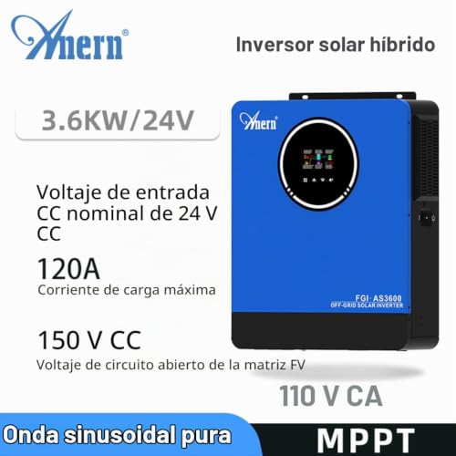 Miniatura 2 de Anern 3600w Inversor Híbrido 24v Cc A 110v Ca Inversor Autónomo,Controlador Solar Mppt 120 A Integrado, Dos Salidas De Ca, Compatible Con Baterías De Plomo-Ácido Y Batería Lifepo4
