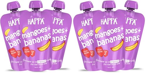 Image of Happa Organic Baby Food Mango and Banana Puree | 100% Fruits | No Added Sugar, No Milk Powder, No Preservatives | Stage 2 (6 Months+) | Ready to Eat | Free from Common Allergens | Pack of 6 (100g Pack)