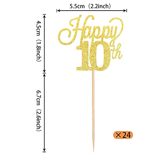 24 Stück 10 Cupcake Toppers GlitterHappy 10th Birthday Kuchen Topper Nummer 10 Achtzehn Sweet 10 Geburtstag Hochzeitstag Party Kuchen Dekorationen Zubehör Gold