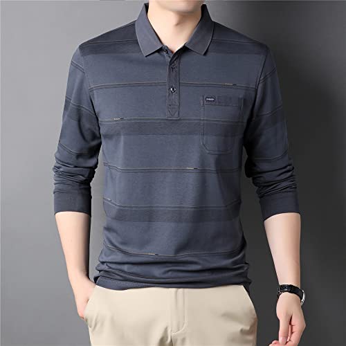 Chemise À Manches Longues pour Hommes - Automne Rayé Poche Manches Longues Polo Hommes Vêtements Coton Business Casual T-Shirt Homme pour S’Entraîner Hommes,Gris,L Cover