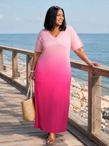 Image of SUZONANA Women Casual T-Shirt Dress V Neck Short Sleeve Solid Color Oversize Dress with Front Two Pockets