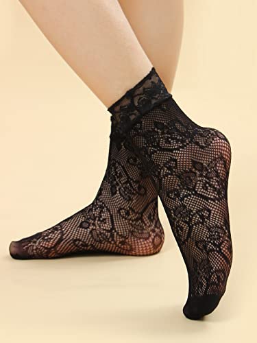 Verdusa Women's 5 Pairs Striped Plaid Mesh Sheer Socks Lace Black One-Size #TOP3