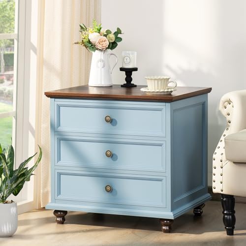 Joaxswe 24\" Wide Farmhouse Night Stand,Large End Table with 3 Drawers & Metal Handle,Wood Dresser for Bedroom, Bed Side Table Chest of Drawers Cabinet,Light Blue Nightstand for Living Room,Closet