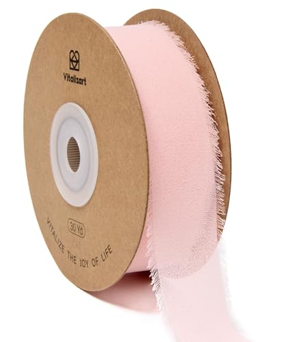 Vitalizart 1' x 30 Yd Pink Chiffon Ribbon Light Pink Silk Like Handmade Fringe Fabric Ribbons for Valentines Day Gift Wrapping Wedding Invitations Bridal Bouquets Party Decoration
