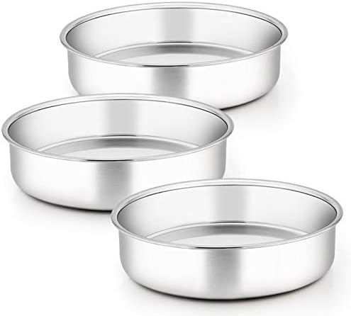 TeamFar 9½ Inch Cake Pan, 3 Pcs Round Tier Cake Pans Set Stainless Steel for Baking Steaming Serving, Perfect for Birthday Wedding Celebrations, Healthy & Sturdy, Mirror Finish & Dishwasher Safe