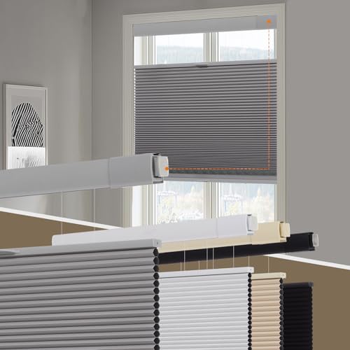 Persilux No Tools No Drill Blackout Cellular Shades for Windows Cordless Top Down Bottom Up Honeycomb Blinds,Easy to Install Cellular Blinds for Indoor Windows, Grey, 22" W x 64" H