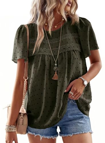 Image of Falechay Womens Summer Tops Crewneck Short Sleeve Shirts Casual Chiffon Blouses Flowy Lace Hem Boho Clothing Trendy 2026