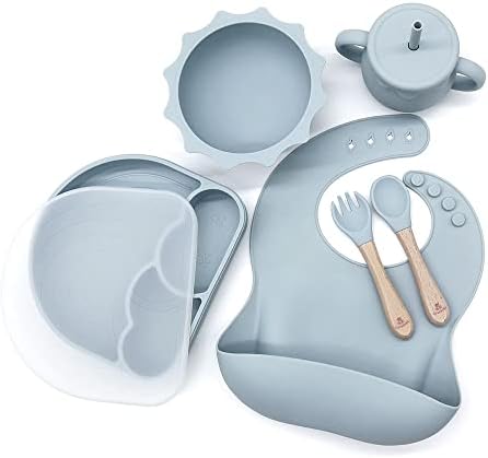 Luxekids Silicone Baby Led Weaning Supplies-Baby Bowls and Spoons First Stage-Utensils for Toddler-Dinnerware Dish Set for Eating Solid Food-Easy Clean Silicone-8 Piece Set (Dusty blue)