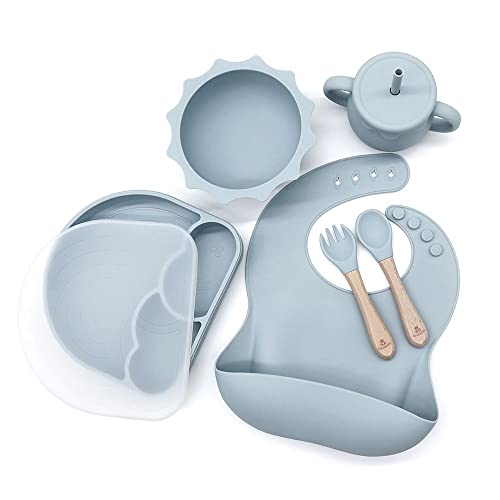 Luxekids Silicone Baby Feeding Set - 6 Pieces Toddler Utensils Set with Baby Plates and Bowls with Suction, Baby Spoons, Forks, Sippy Cup (Dark Blue)