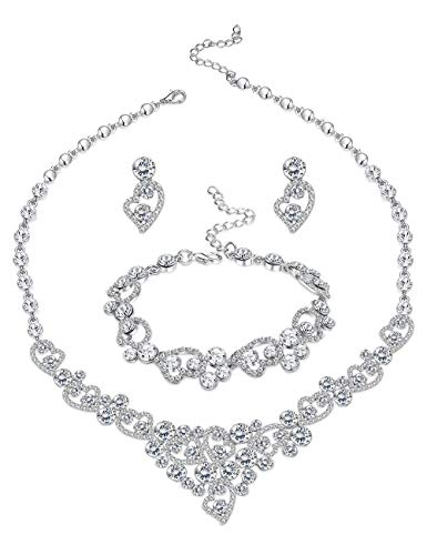 LOYALLOOK Silver-Tone Crystal Heart Bridal Bridesmaid Rhinestone Necklace Set Bracelet Dangle Earrings Wedding Prom Jewelry Sets