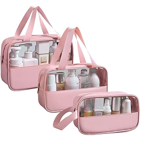 Mikytoper Clear Toiletry Bag 3 pcs, PVC Waterproof Splicing Cosmetic Bag, Large Capacity Handheld Makeup Bag, Travel Makeup Bags for Men and Women (Pink) Cover