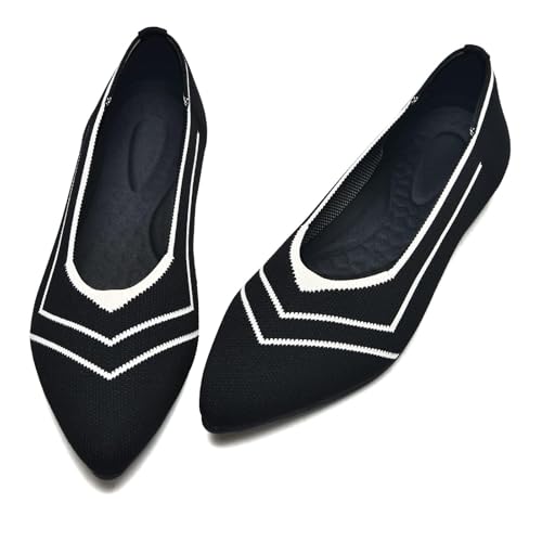 CALEBGAR Ballerinas Damen Bequeme Flache Schuhe, Slip on Strick Ballerina Frauen Spitze Zehenpartie, Super Weiche Flats für Kleider und Freizeit, Komfort Damenschuhe aus Maschenware
